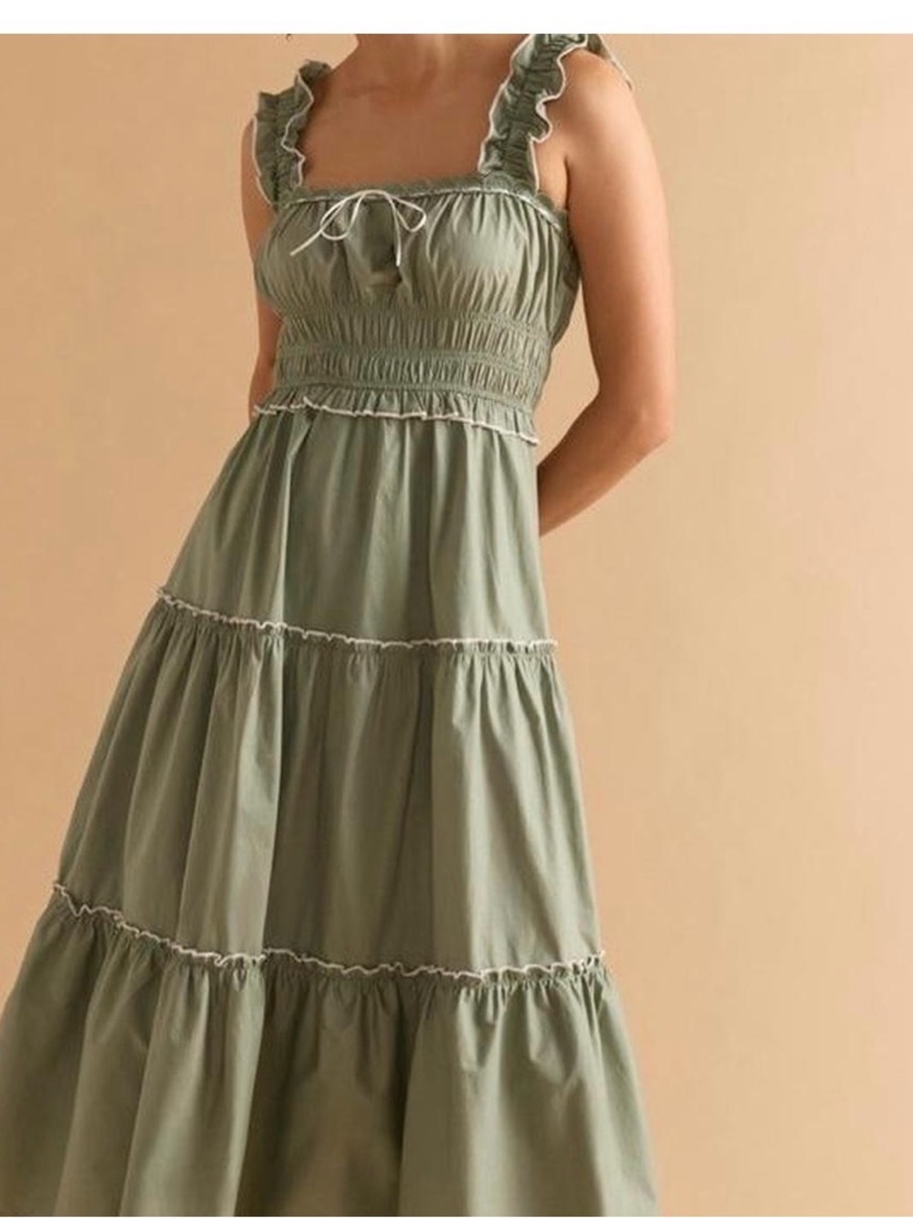 Francesca's Collections Sage Green Smocked Midi Dress with Ruffle Straps